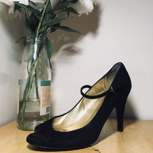 JCrew Black Suede Mary Jane Peep Toe Pumps